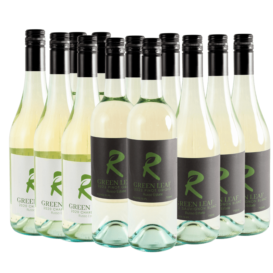 Greenleaf White Wine, 12 bottles of wine, pinot grigio, sauvignon blanc, chardonnay, front facing