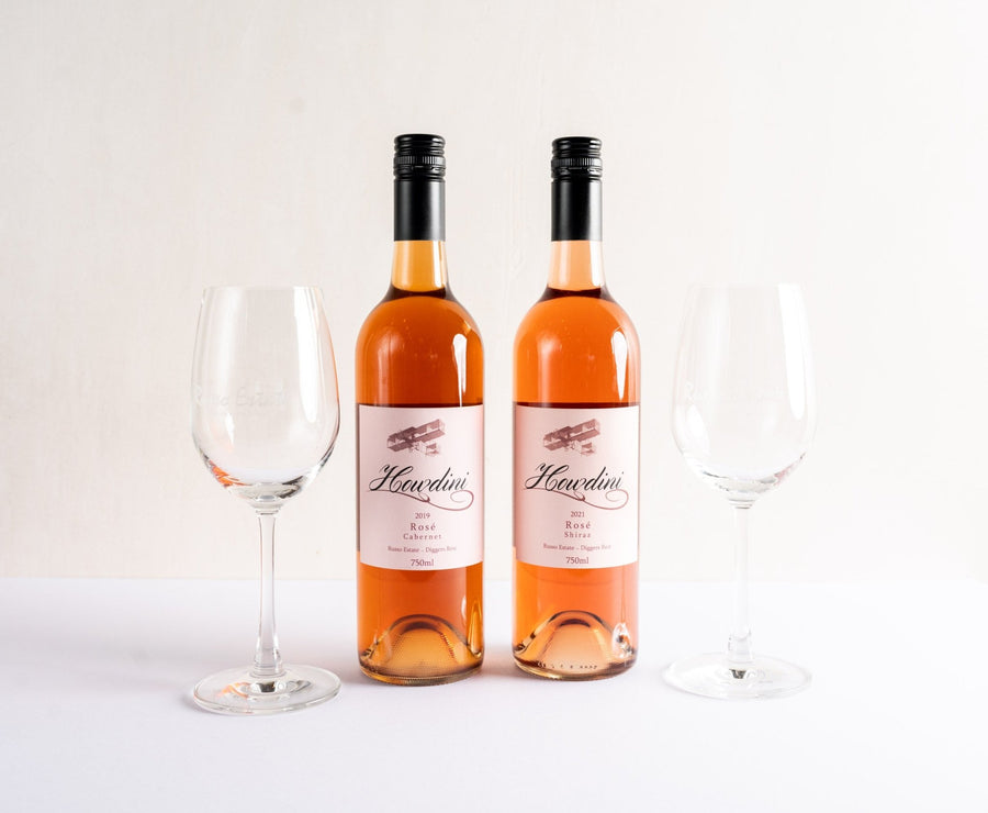 Greenleaf Rose Wine, two bottles of wine and two wine glasses, front facing