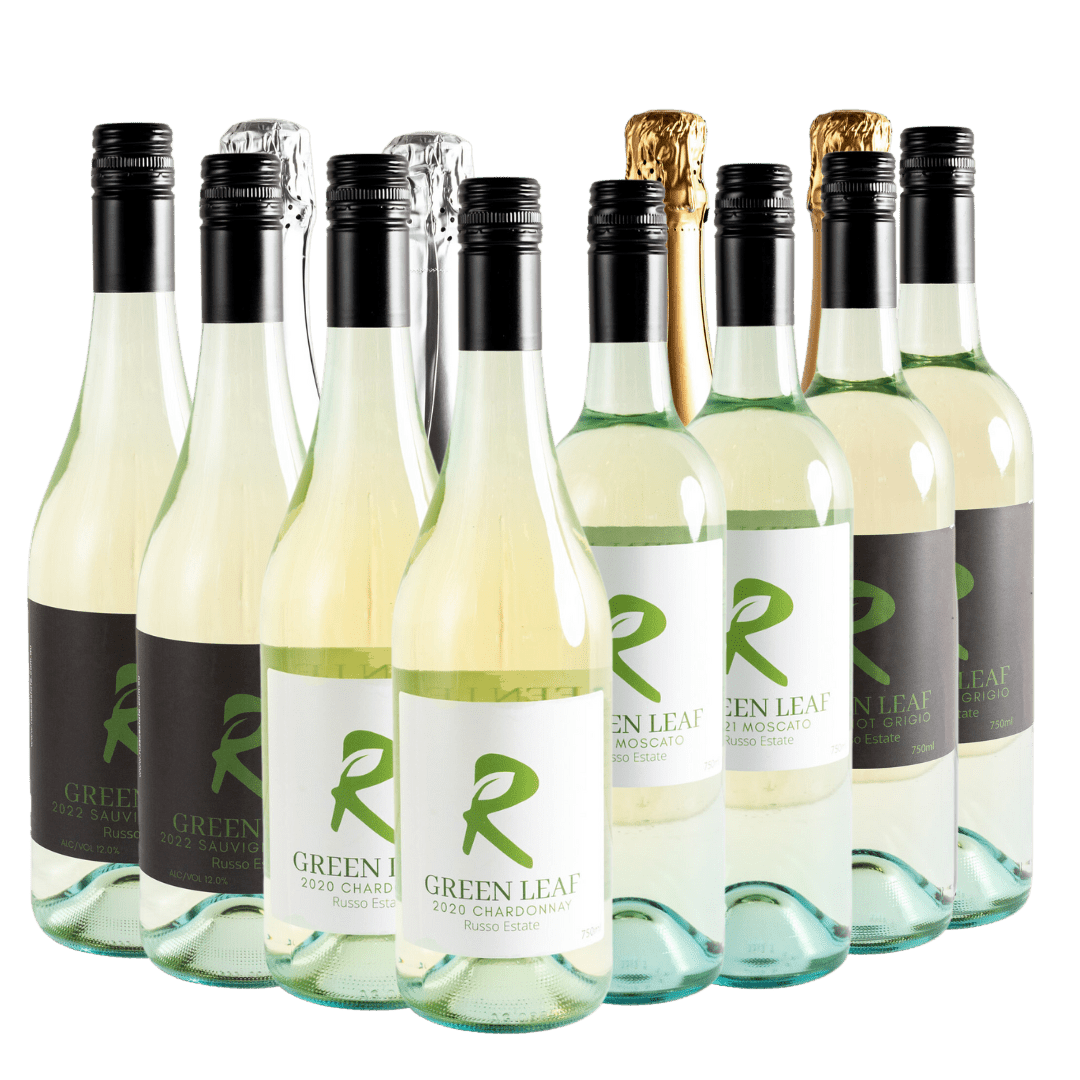 Greenleaf White Wine 12 bottles, sauvignon blanc, chardonnay, moscato, pinot grigio, NV Prosecco, NV Sparkling Brut, Front facing