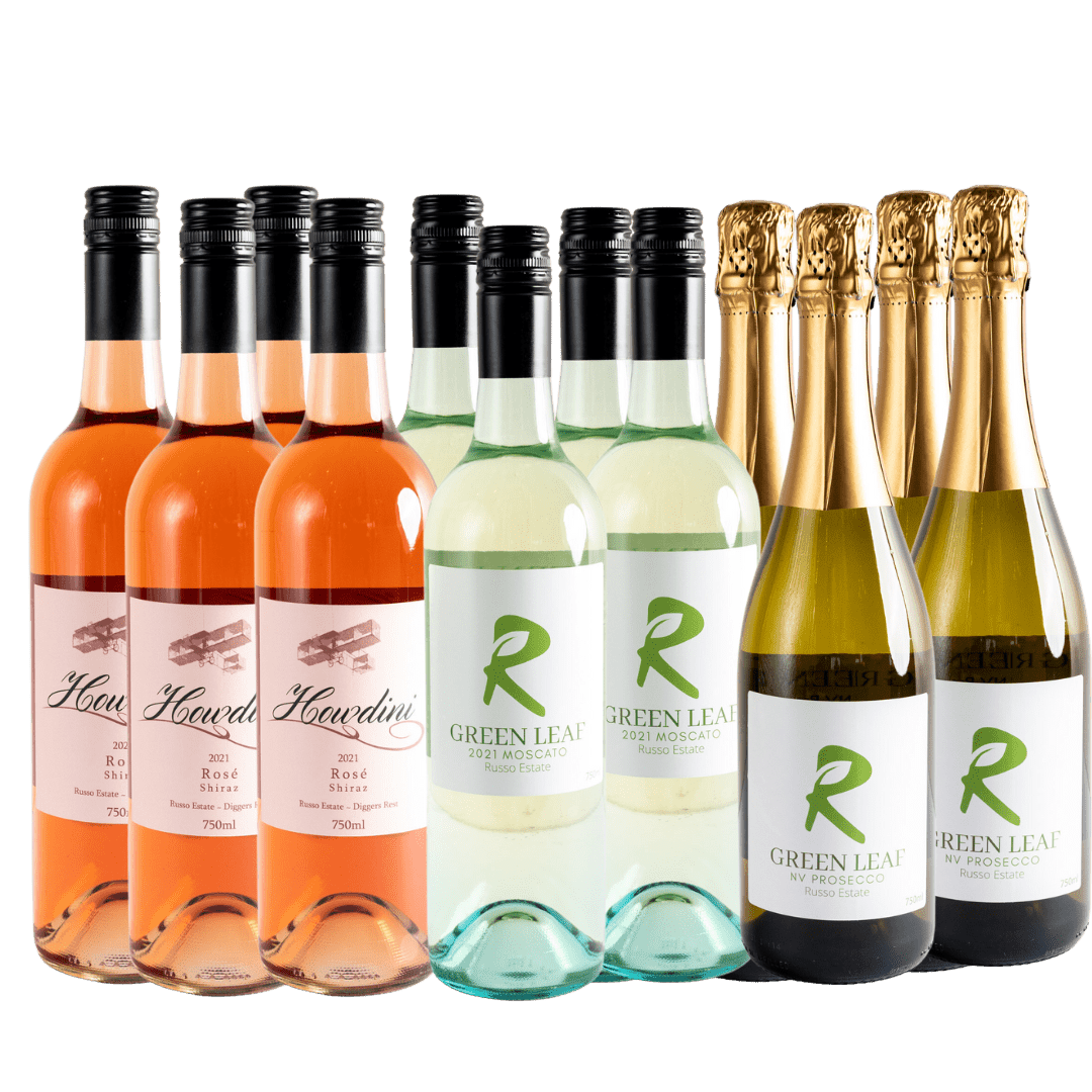 Greenleaf White Wine 12 bottles of white wine, prosecco, moscato, rose, front facing